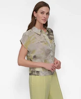 Dkny Women's Printed Button-Front Collared Camp Shirt