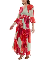 Taylor Plus Floral-Print Twist-Waist Tiered Dress