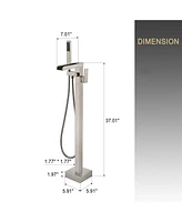 Freestanding Bathtub Faucet Bathtub Tub Filler Floor Mount Bathroom Faucets Brass Single Handle Tub Faucet with Handheld Spray, Brushed Nickel