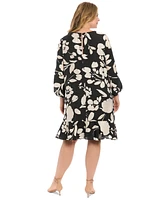 London Times Plus Floral-Print Ruffled-Hem Shift Dress