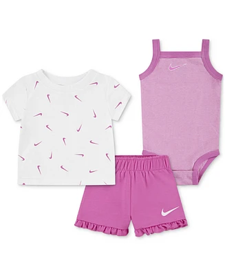 Nike Baby Girls Essentials T-Shirt, Bodysuit & Ruffled Shorts, 3 Piece Set