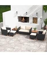 Gymax 7 Pcs Patio Furniture Set w/ Loveseat Armchairs Ottomans & Storage Table