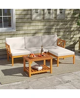 Gymax 5 Pcs Acacia Wood Patio Furniture Set w/ 2-Tier Coffee Table and Cushions