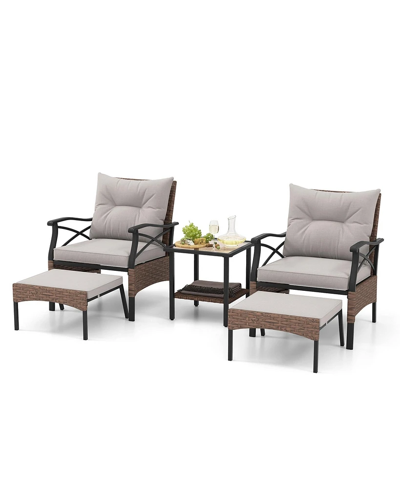 Gymax 5PCS Wicker Patio Furniture Set Rattan Chairs w/ 2-Tier Tempered Glass Side Table