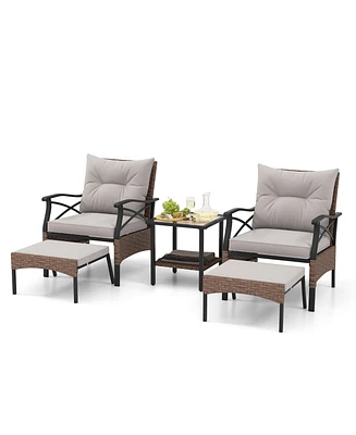 Gymax 5PCS Wicker Patio Furniture Set Rattan Chairs w/ 2-Tier Tempered Glass Side Table