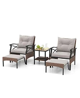 Gymax 5PCS Wicker Patio Furniture Set Rattan Chairs w/ 2-Tier Tempered Glass Side Table