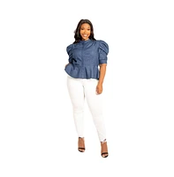 Buxom Couture Women's Plus Ruched Sleeve Denim Peplum Blouse