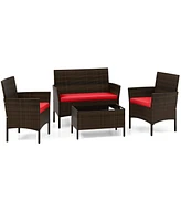 4 Piece Patio Rattan Conversation Set with Cozy Seat Cushions