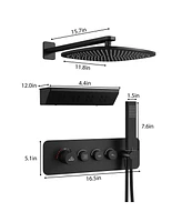 12 Inch Wall Mounted Thermostatic Shower System with Handheld Sprayer Rainfall Shower System with Neck/Back Massage Spout Shampoo Shelf