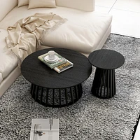Round Coffee Table Set of 2 Grille Molding Cocktail Table Circle Coofee Table with Metal Base for Living Room