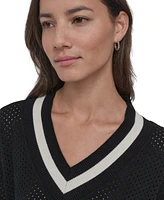 Dkny Sport Women's Open-Knit Mesh Striped V-Neck Sweater