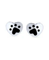 Bling Jewelry Black Enamel Heart Paw Print Stud Earrings for Pet Lovers in Sterling Silver