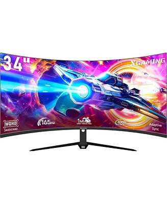 XGaming 34 Inch Curved Monitor, Ultra Wide Qhd 1440p Gaming Monitor 165Hz, 100% sRGB, 1MS, FreeSync, Hdmi Dp Computer Monitor Built-in Speakers, 1500R