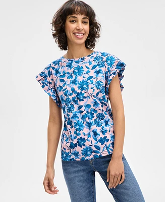 Nautica Jeans Women's Floral-Print Ruffle-Sleeve Top