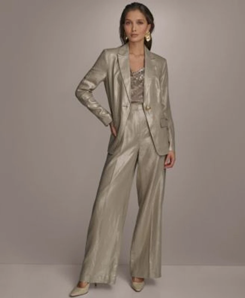 Donna Karan New York Womens Metallic Linen Blazer Wide Leg Pants