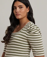 Lauren Ralph Plus Striped Cotton Jersey Puff-Sleeve Tee