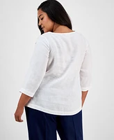 Charter Club Plus Corded Embroidered Linen Top, Exclusively at Macy's