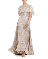 Women's Floral Print High Neck Cape Sleeve A Line Gown