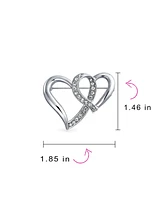 Bling Jewelry Romantic Crystal Brooch Pin - Double Heart Silver Statement