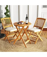 3 Pcs Acacia Wood Patio Bistro Set Folding Table & Chairs with Cushions