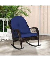 Patio Rattan Rocking Chair with Seat Back Cushions and Waist Pillow-Navy