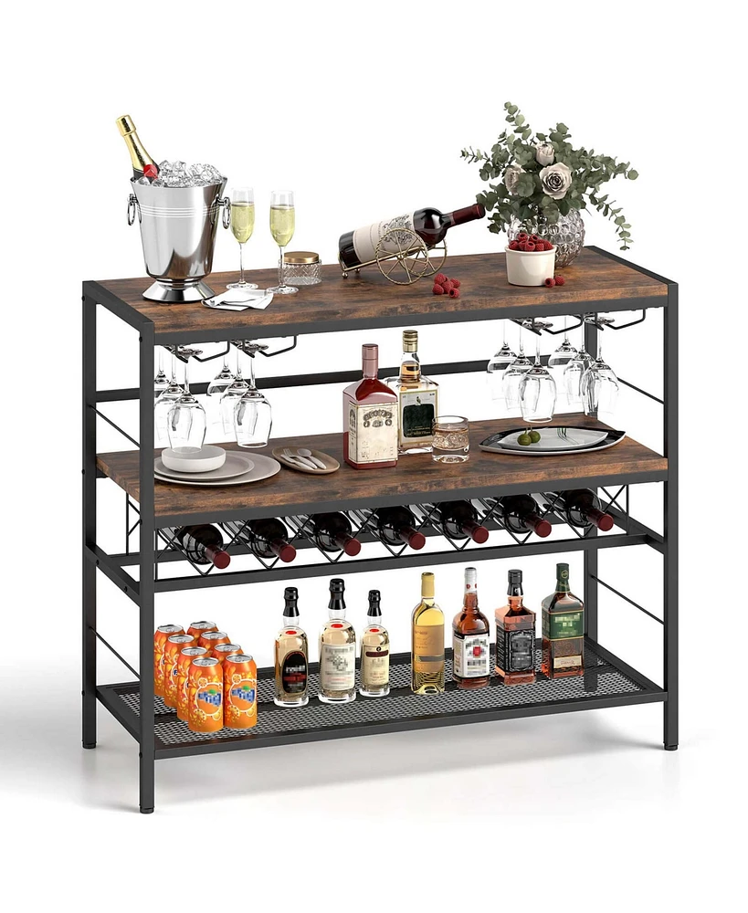 41" Wine Rack with 4 Glass Holders Wide Countertop Middle & Bottom Storage Shelves