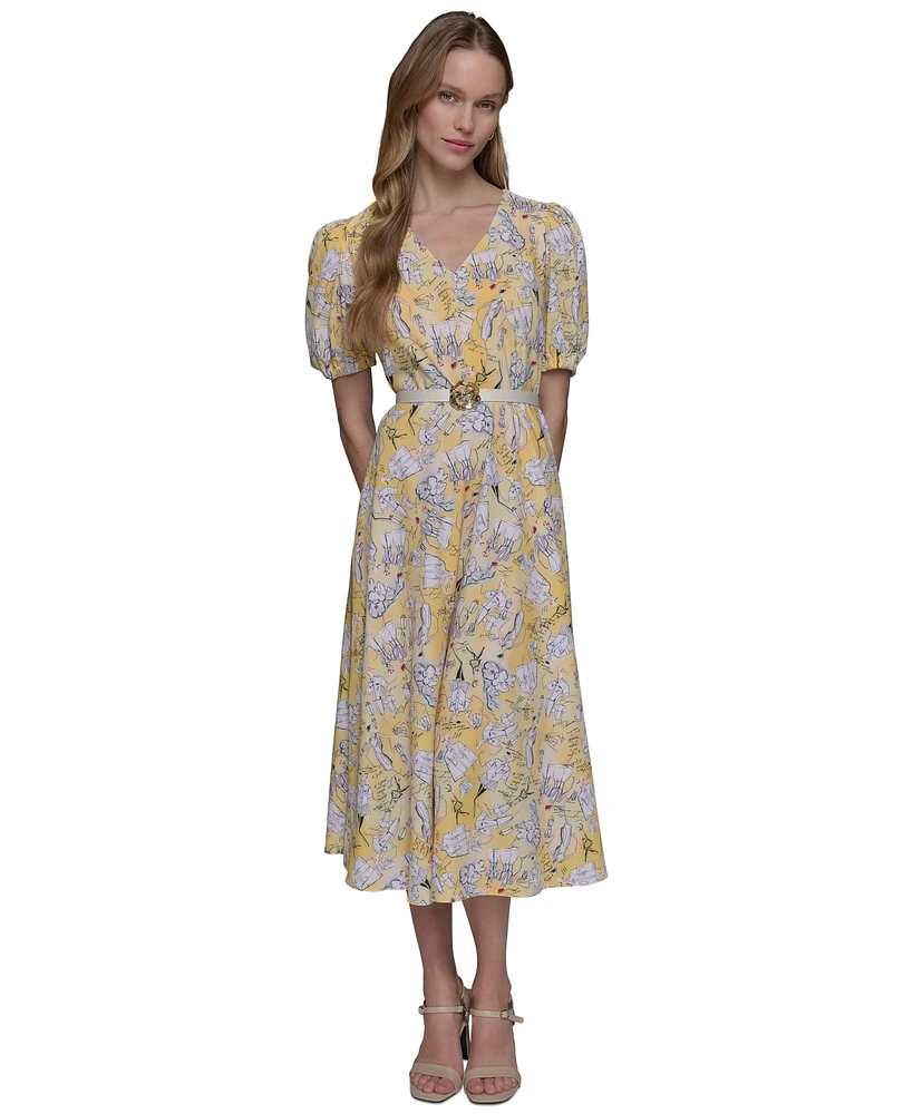 Karl Lagerfeld Paris Women's Floral Belted V-Neck Midi Dress