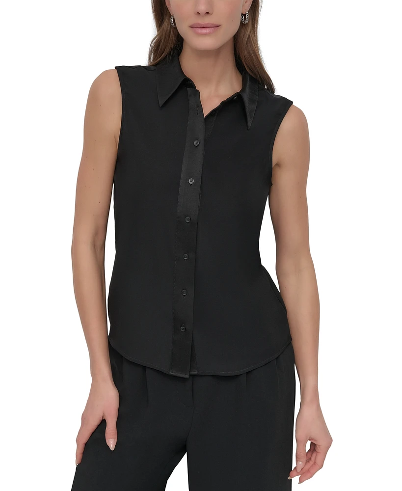 Dkny Petite Button-Front Sleeveless Satin Blouse