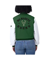 Wear by Erin Andrews Women's Hunter Green/White Milwaukee Bucks Cropped Varsity Full-Zip Jacket