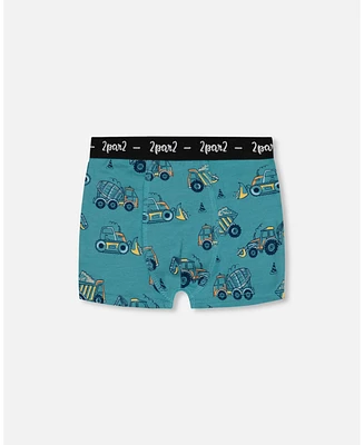 Boy Printed Cotton Boxer Shorts Teal With Yellow Truck - Toddler|Child