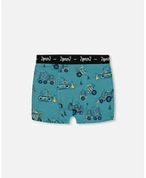 Boy Printed Cotton Boxer Shorts Teal With Yellow Truck - Toddler|Child