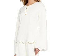 Three Dots Women's Scalloped Bell-Sleeve Henley Top
