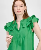 T Tahari Women's Woven Tasseled-Tie Flutter-Sleeve Blouse