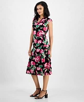Kasper Womens Floral Cowlneck Cap Sleeve Top Floral Flared Pull On Midi Skirt