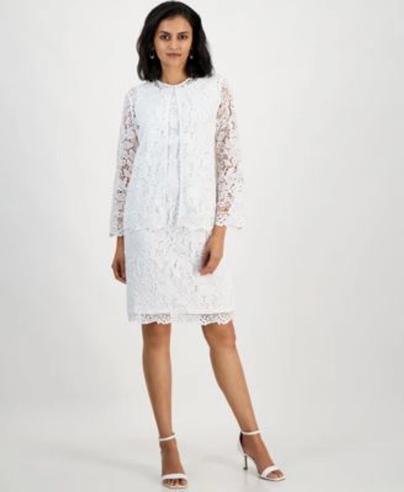 Kasper Womens Empire Seam Scalloped Lace Sheath Dress Lace Open Front 3 4 Sleeve Jacket Regular Petite Sizes
