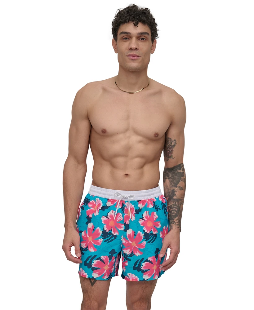 Dkny Men's Modern Euro Floral Print Performance 5" Volley Shorts