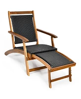 2PCS Patio Folding Rattan Lounge Chair Wood Frame Retractable Footrest