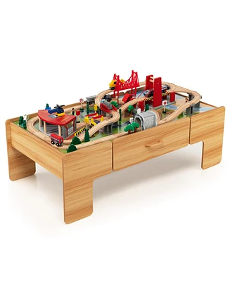 Kids Double-Sided Wooden Train Table Playset with Storage Drawer