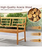 Patio Acacia Wood Bench with Curved Armrests Slatted Seat and Backrest