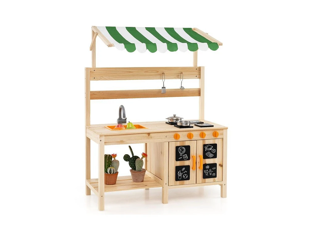 Mud Kitchen Fir Wood Play Kitchen with Canopy and Sink and 4 Stoves