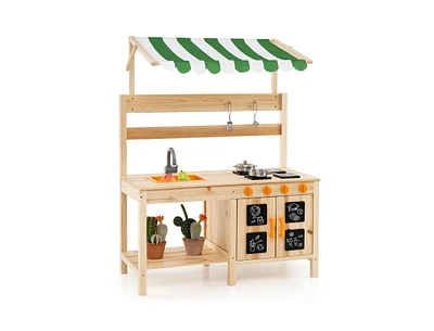 Mud Kitchen Fir Wood Play Kitchen with Canopy and Sink and 4 Stoves