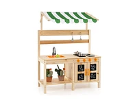 Mud Kitchen Fir Wood Play Kitchen with Canopy and Sink and 4 Stoves