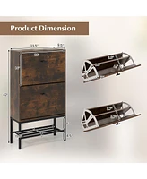 Industrial Shoe Storage Cabinet with 2 Flip Drawers and 1 Bottom Metal Shelf-Brown