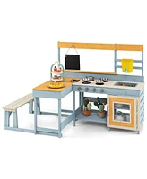 Fir Wood Play Kitchen with Kids Picnic Table and Built-in Bench