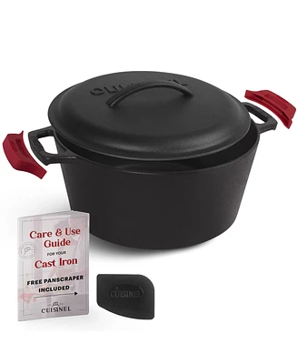 Cuisinel Cast Iron Dutch Oven - 5-Quart Deep Pot + Lid + Pan Scraper + Handle Cover Grips - Large Pre-Seasoned Cooker for Baking Bread, Soup