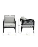LuxenHome Outdoor Black Steel with Pe Rope Armchairs with Cushions, Set of 2