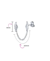 Bling Jewelry Delicate Angel Wing Feather Stud Earrings with Chain, Sterling Silver, Double Piercing