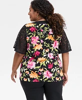 Jm Collection Plus Printed Lace-Trimmed Top, Exclusively at Macy's