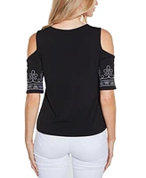 Belldini Women's Embroidered Cold-Shoulder Knit Top