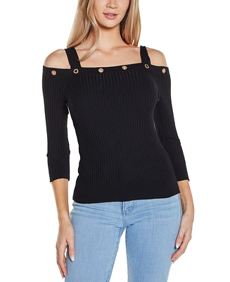 Belldini Women's Rhinestone Grommet Cold-Shoulder Sweater